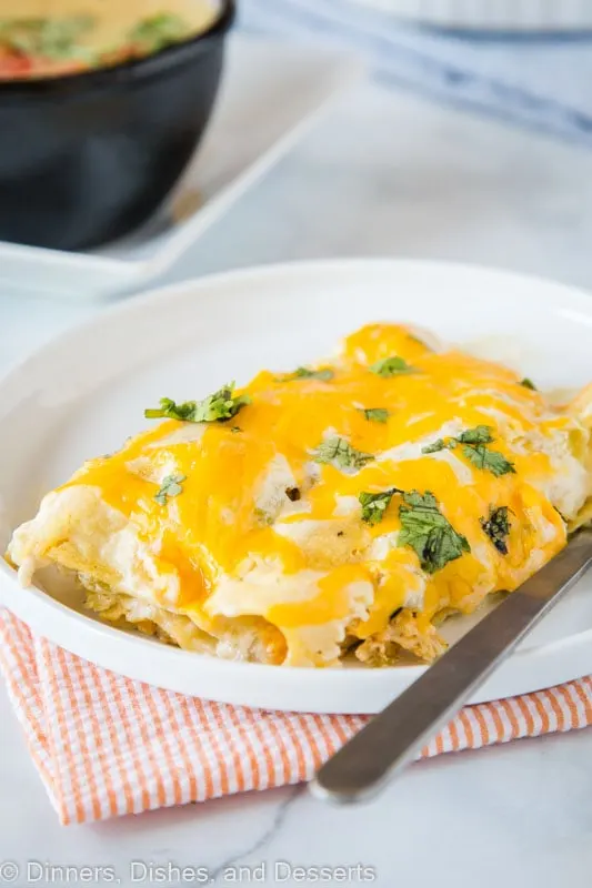 Enchiladas with a white sauce are the perfect dinner. You can make them ahead, you can freeze them, and the leftovers are delicious!