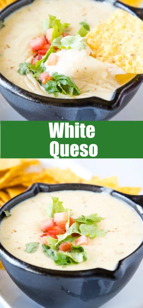 white queso dip in a black bowl with chips