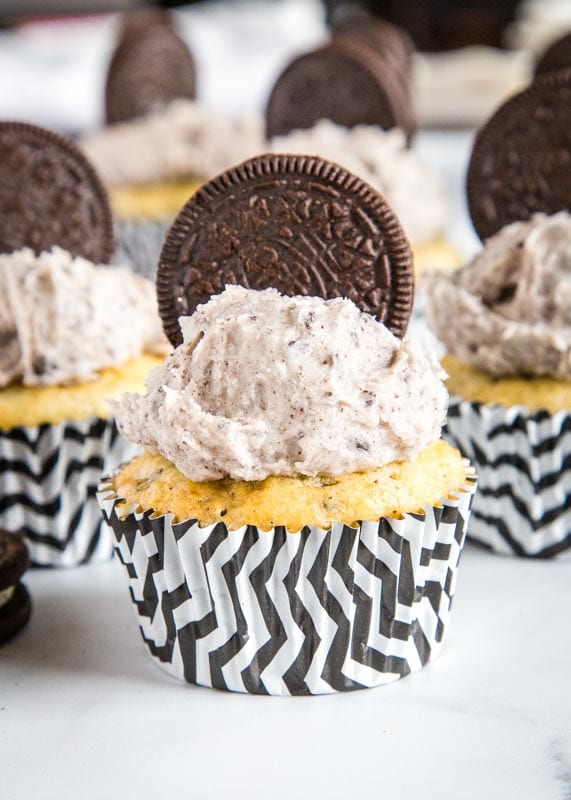 Vanilla Cupcakes with Oreo cookies and topped with an Oreo Frosting