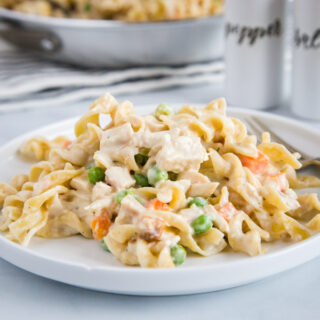 Chicken Pot Pie Noodles - a fun twist on classic chicken pot pie using noodles!  Comes together in minutes so it is perfect for quick weeknight meals. 