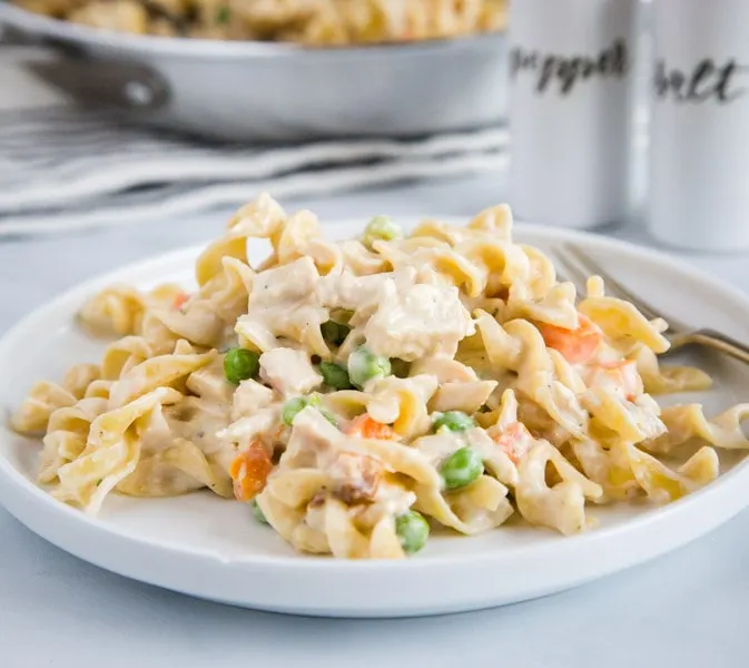 Chicken Pot Pie Noodles - a fun twist on classic chicken pot pie using noodles!  Comes together in minutes so it is perfect for quick weeknight meals. 