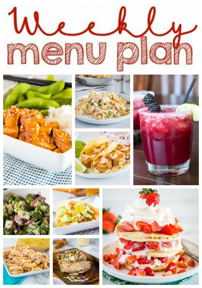 Weekly Meal Plan Week 250- Make the week easy with this delicious meal plan. 6 dinner recipes, 1 side dish, 1 dessert, and 1 fun cocktail make for a tasty week!