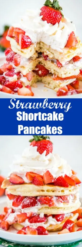 Strawberry Shortcake Pancakes - light and fluffy pancakes topped with fresh strawberries and homemade whipped cream.  It is like dessert for breakfast!