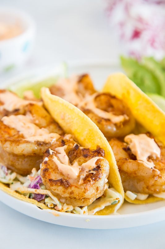 Easy shrimp tacos with a smokey chipotle sauce