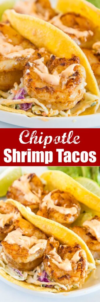 Chipotle Shrimp Tacos - An easy shrimp taco recipe with spiced shrimp, a cool lime coleslaw, and topped with creamy chipotle sauce.  Packed with so much flavor and ready in minutes, so it is perfect for a weeknight dinner.