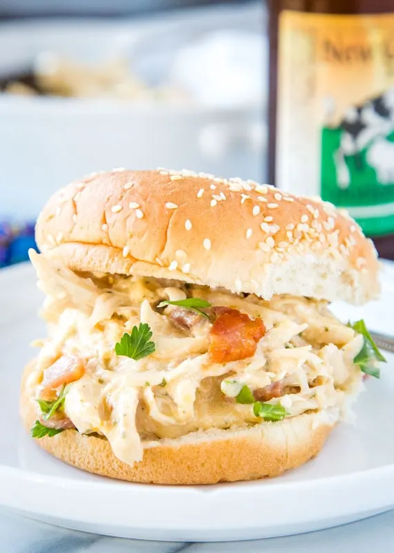 Creamy crack chicken on a bun made in the Instant Pot