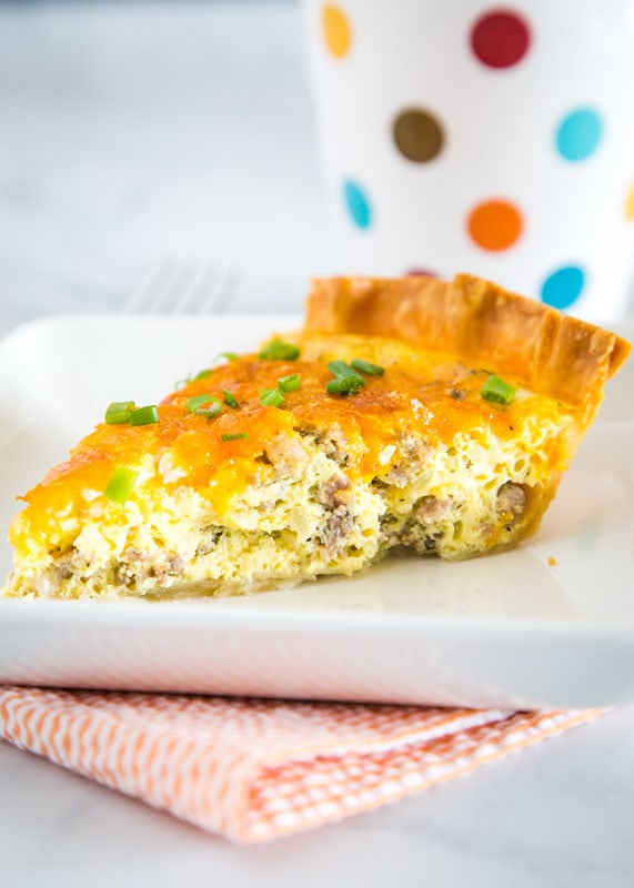 Quiche is such an easy brunch or dinner recipe.  This version is full of breakfast sausage, cheese and onions.
