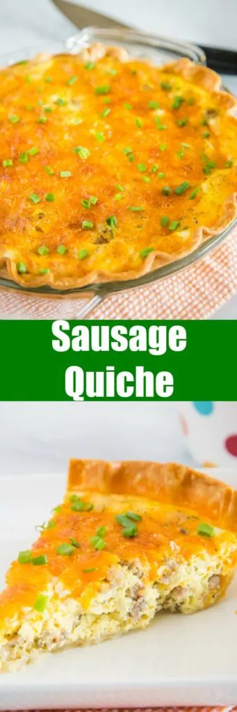 Sausage Quiche - An easy quiche recipe that is perfect for brunch or even a light dinner.  Flaky pie crust with an egg custard that is loaded with breakfast sausage, onions and plenty of cheddar cheese.