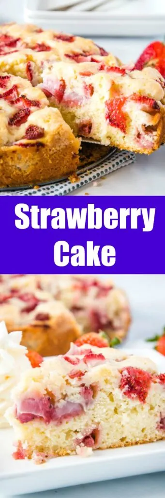 Easy Strawberry Cake - Use fresh strawberries to make this tender and delicious cake.  It has a tasty sugary crust on the outside and is moist and almost custardy center.  It is super easy to make and great for any occasion.