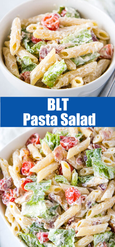 close up blt pasta salad in a white bowl