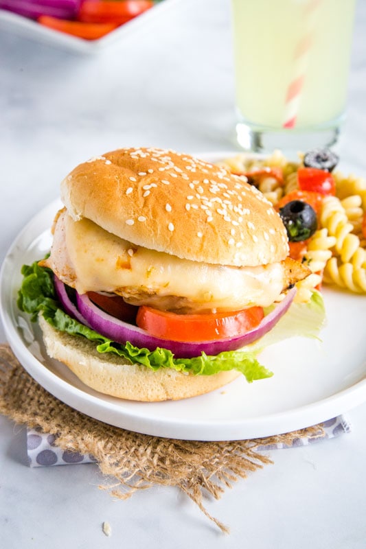 chicken sandwich on a bun with cheese and tomatoes