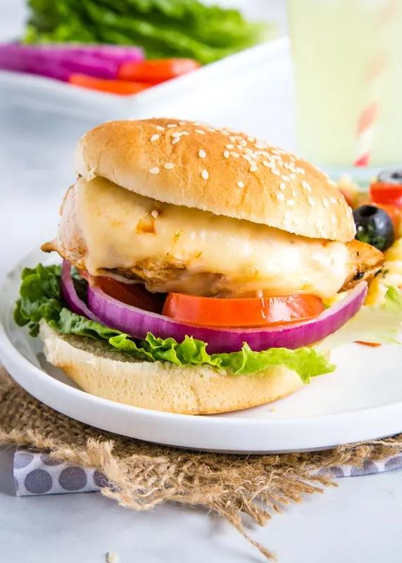 grilled chicken on a bun with cheese, lettuce, tomatoes and onions