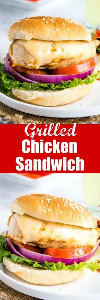 Grilled Chicken Sandwich - this is a classic recipe your family will love.  Tender and juicy grilled chicken topped with your favorite cheese and served on a bun.  Top with your favorite burgers toppings for an easy lunch or dinner.