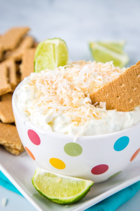key ilme cheesecake dip in a bowl with graham crackers next to it
