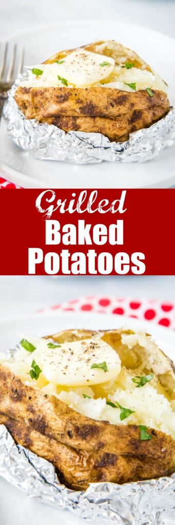 Baked Potatoes on the Grill - these baked potatoes on cooked on the grill, so they are a super easy side dish with anything you are grilling for dinner!  