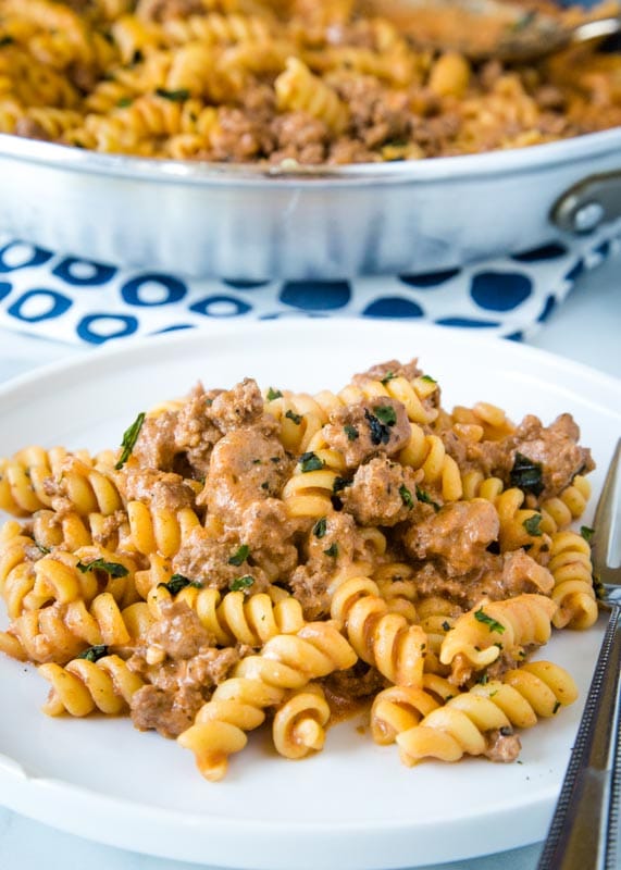 ground beef pasta on a white plate