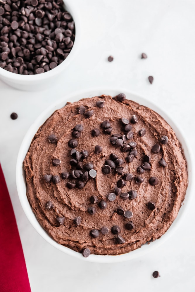 chocolate hummus in bowl with chocolate chips