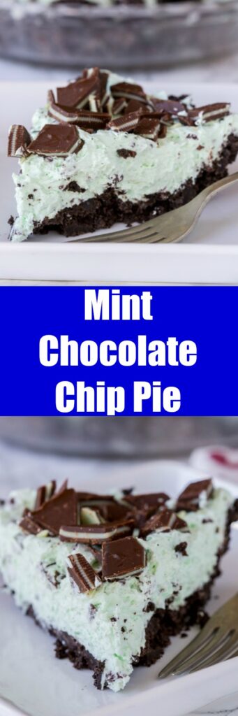 No Bake Mint Chocolate Chip Pie - a creamy mint pie with chocolate chips, topped with Andes mints, all in an Oreo crust!  Such an easy no bake recipe for those hot days.