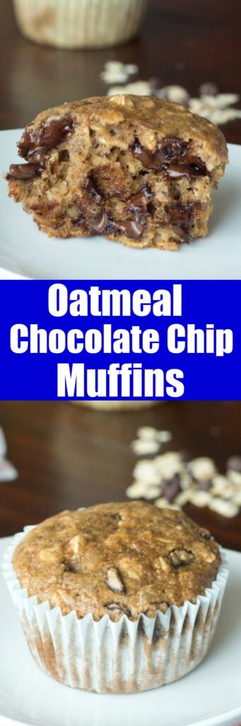 Oatmeal Chocolate Chip Muffins - a healthier muffins with whole wheat flour and no oil that tastes like you are eating and Oatmeal Chocolate Chip Cookie!