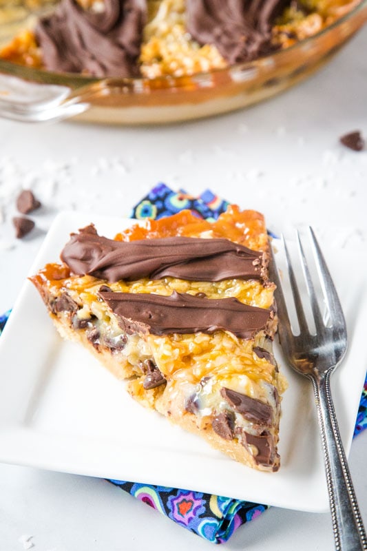 samoa cookie pie on a plate with a fork