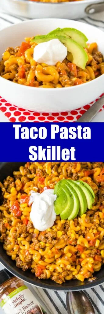 Taco Pasta Skillet - All the flavors of taco night in a one pan meal, ready in 20 minutes! Homemade version of those boxed mix meals, with just a few staple ingredients.