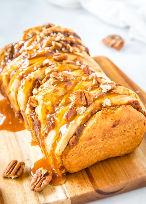 pumpkin pull apart bread with caramel and pecans