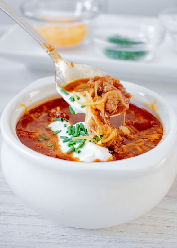 spoonful of turkey chili next to bowl