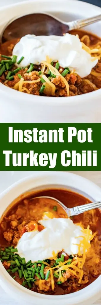 close up instant pot turkey chili in bowls