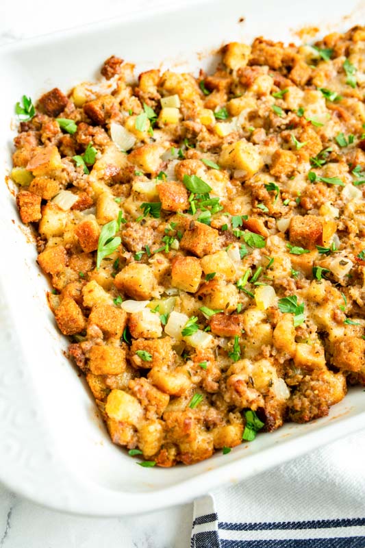 cooked sausage stuffing in casserole dish