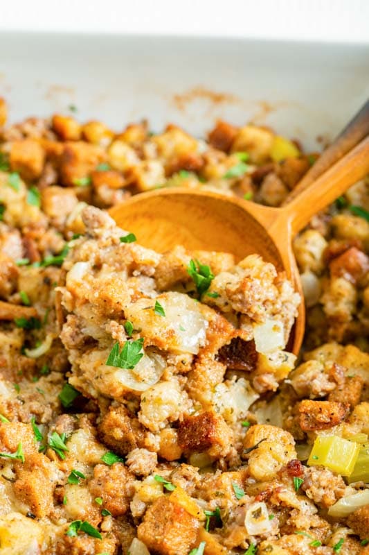 spoon of stuffing in dish