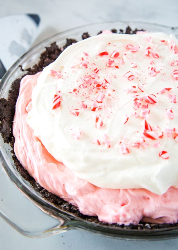 looking down on no bake peppermint cheesecake on table.