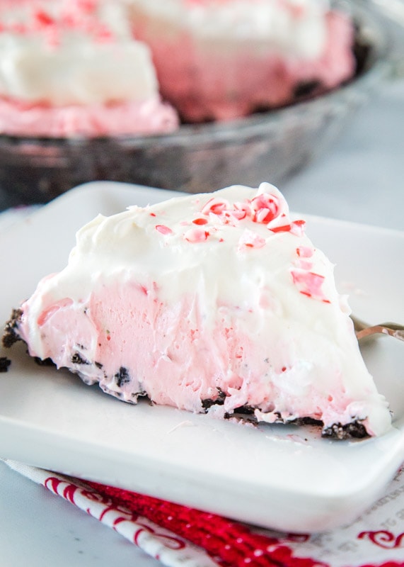 candy cane pie on white plate