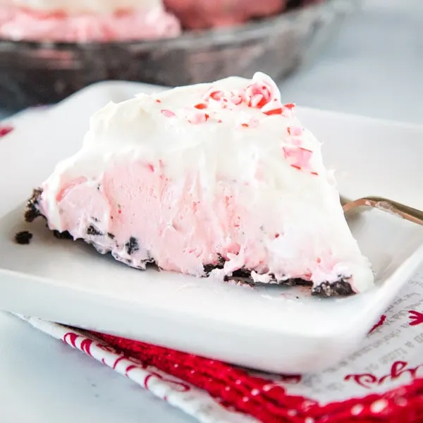 cropped pic of candy cane pie on plate