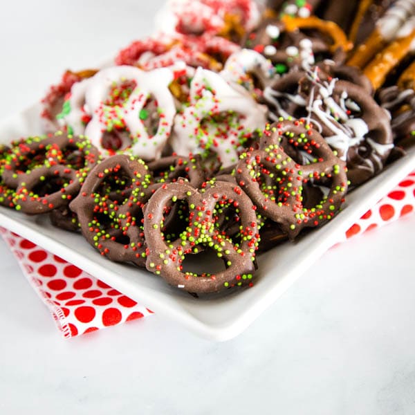 close up chocolate dipped pretzels