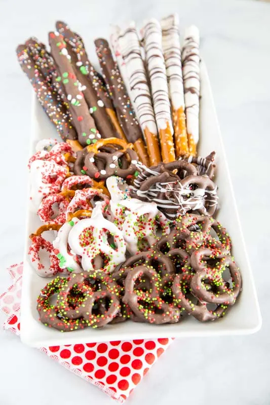 platter of chocolate covered pretzels