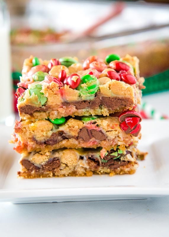 christmas magic bars stacked on white plate
