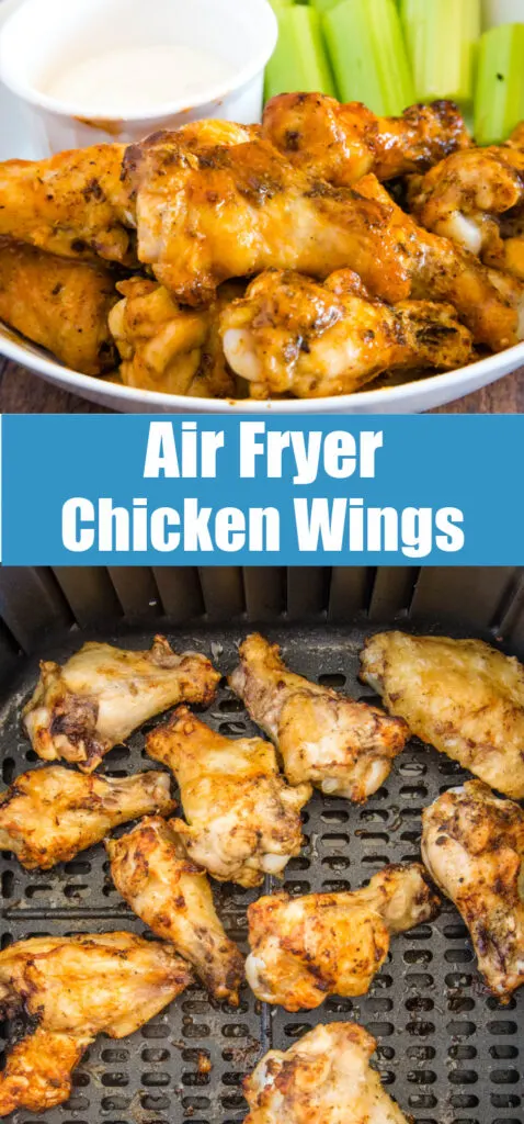 air fryer chicken wings in basket and tossed with sauce