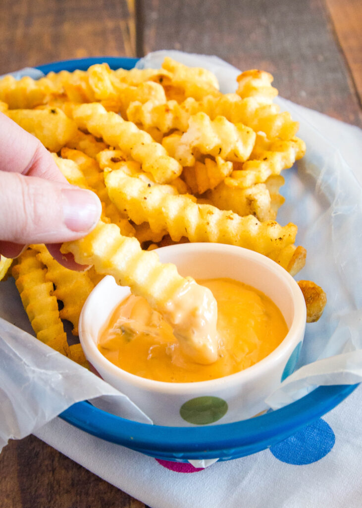 french fries in a dipping sauce