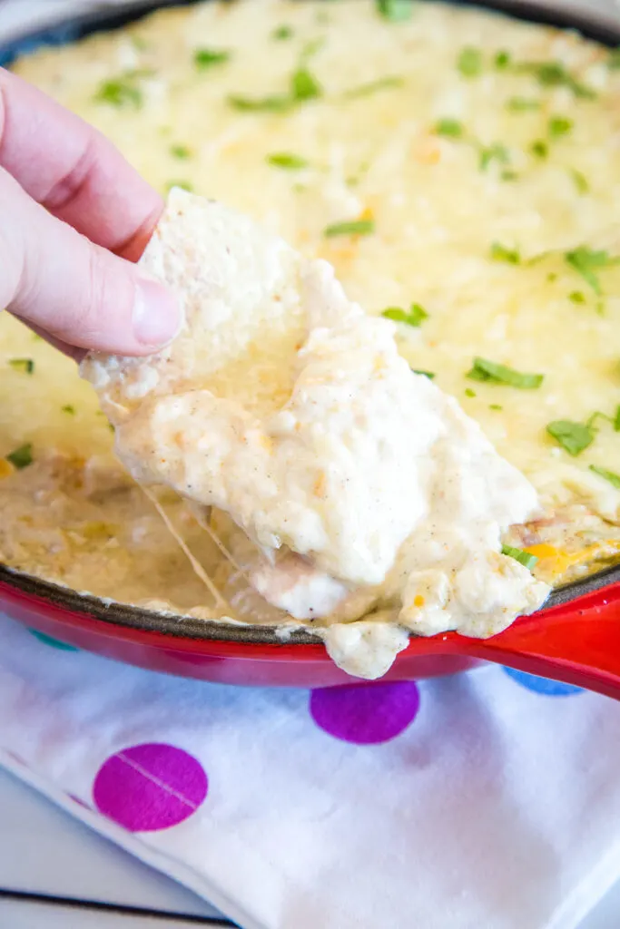 a chip loaded with enchilada dip