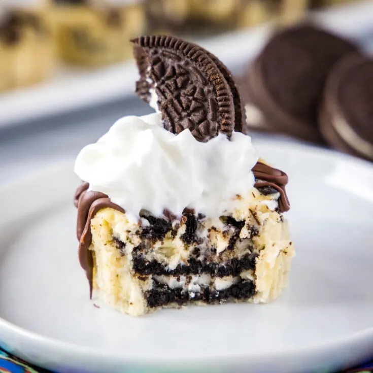 cropped oreo cheesecake with bite taken out of it