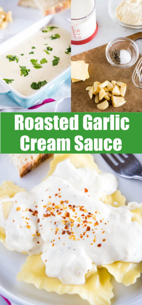 cream sauce with roasted garlic pin for pinterest