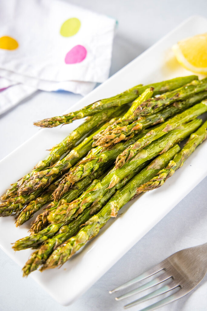 looking down on a plate of asparagus