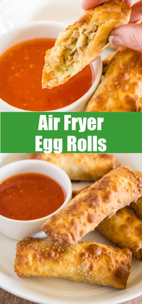 air fryer egg rolls cooked and on a plate