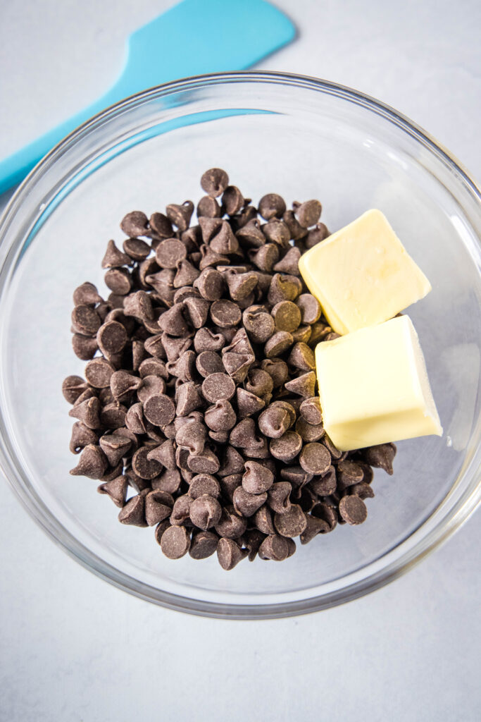 chocolate chips and butter in a bowl