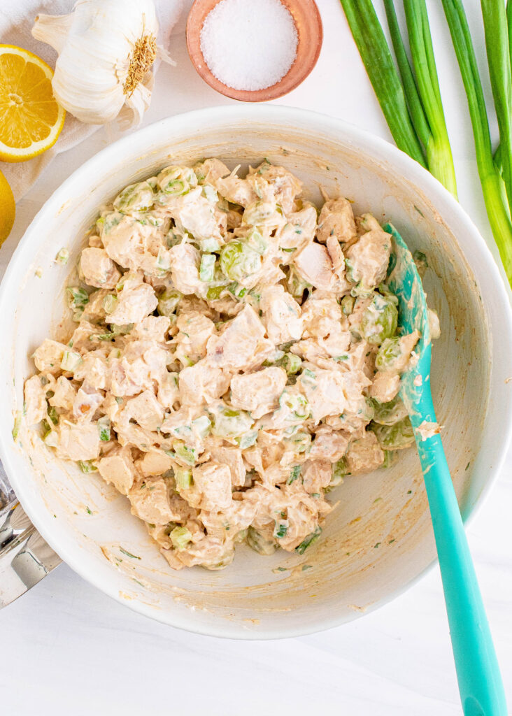 chicken salad in a mixing bowl