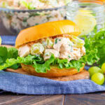 close up chicken salad sandwich