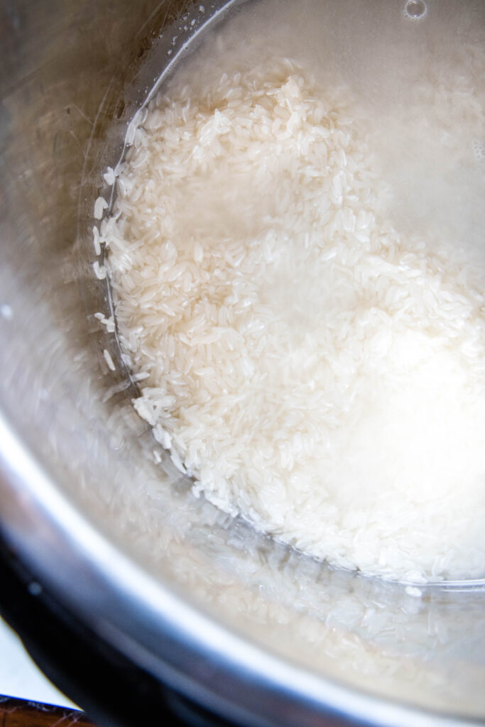 rice and water in the base of the Instant Pot
