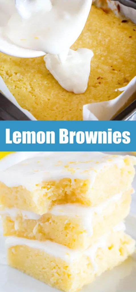 lemon blondies with glaze being poured on