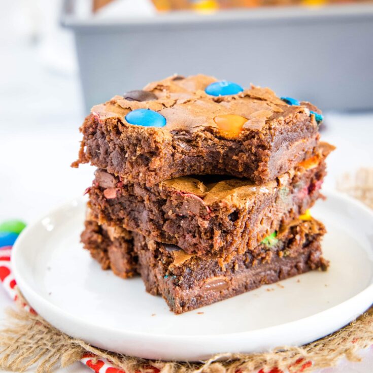 close up of brownies with a bite out of one