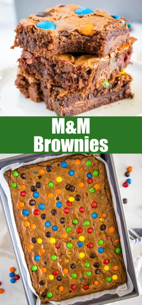Fudgy brownies with M&M's in collage for pinterest
